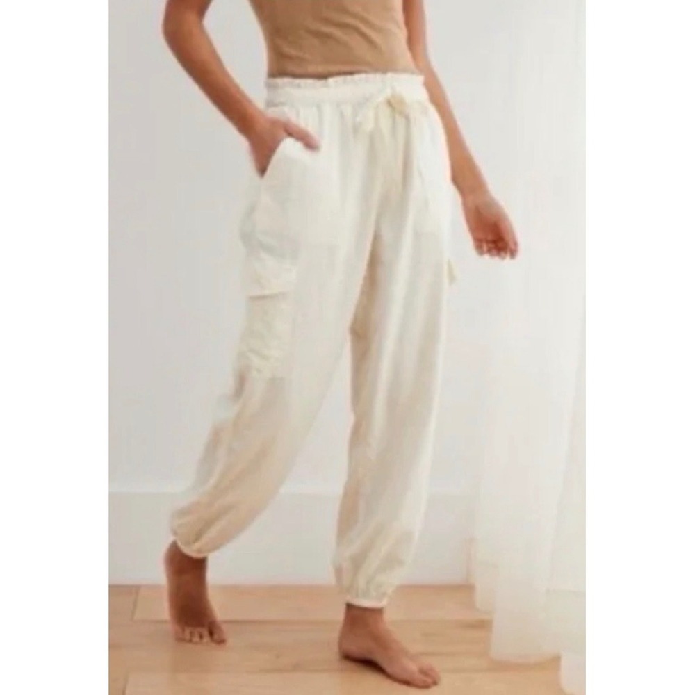 Aerie Women Cream‎ Linen Blend Cargo Jogger Pants Paperbag Waist XS